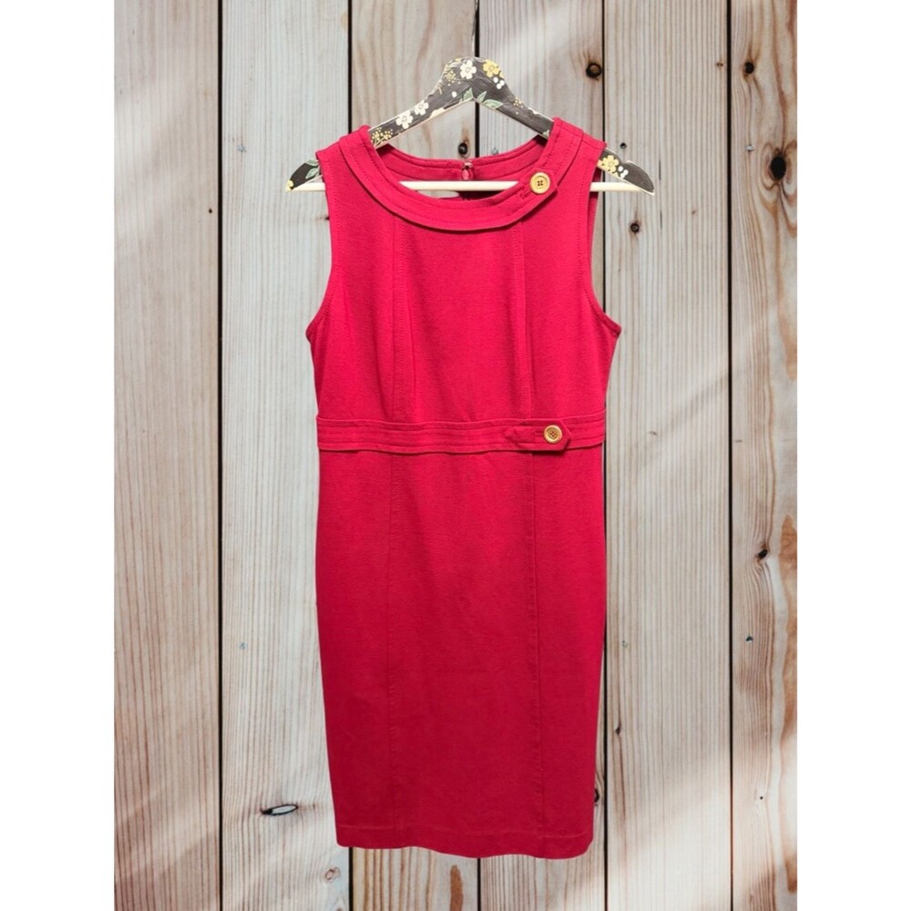 Talbots Red Sleeveless Empire Sheath Dress Gold Buttons Size 8P Career Holiday
